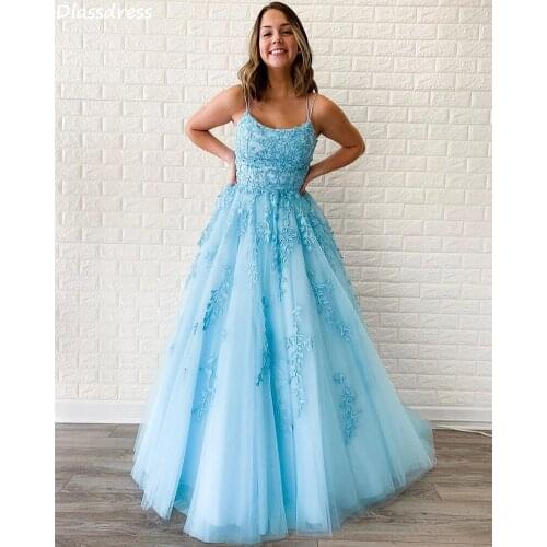 Dlassdress Evening Dress A-line Tulle Applique Lace Sexy Backless Lace-up Saghetti Strap Sleeveless Prom Dress вечернее платье