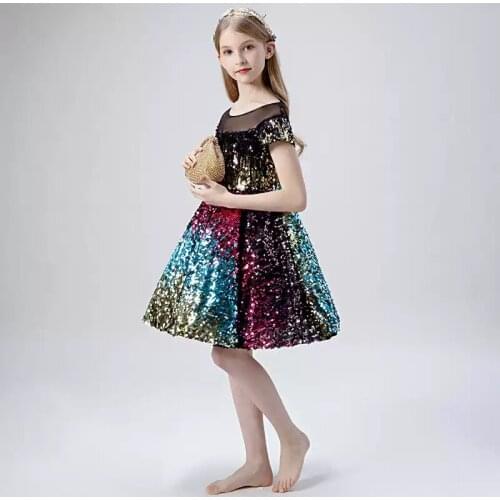 Flower Girl Dress Illusion O-Neck Short Sequined Princess Knee-Length Tulle Lace Luxury Black Elegant Cute Kids Party Gown H486