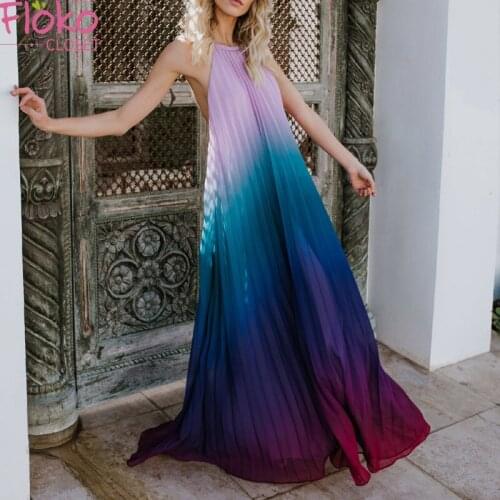 Flokocloset Sexy Halter Backless Bohemian Chiffon Maxi Dress Womens Summer Boho Long Dress Print Sleeveless Beach Dresses