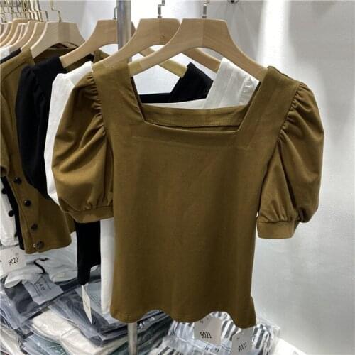 EasyCore HK Retro Trend Square Neck Bubble Sleeve Crop Tops Girl Plain Color Pure Cotton T-shirt