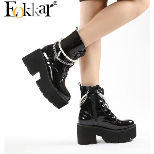 EOKKAR Chain Goth Ankle Boots Platform High Heel Patent Leather Ankle Booties Block High Heel Zipper and Lace Up Gothic Boots