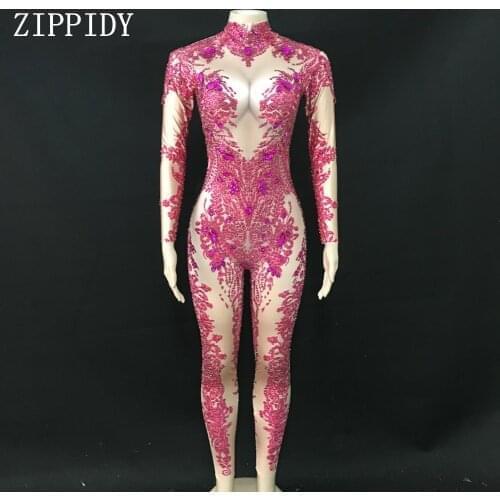 2019 Rose Stones Sparkly Jumpsuit Fashion Spandex Stretch Shining Dance Costume One-piece Bodysuit Nightclub Outfit Leggings
