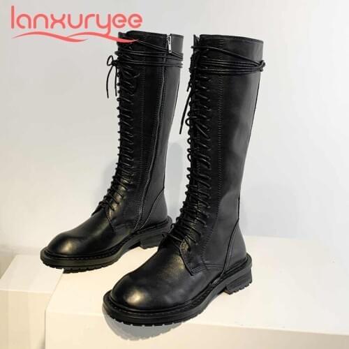 Lanxuryee motorcycle boots genuine leather cross-tied handmade round toe thick med heel zipper young girls knee high boots L69