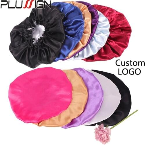 Custom Bonnets With Logo Plussign 20Pcs/Lot Satin Solid Sleep Hat Haircare Bonnet Hair Cap For Women Silky Big Size 32Cm