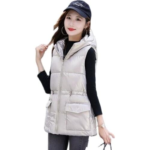 ISENMAL 2021 Autumn Winter Women Solid Loose Vest Drawstring Stand Collar Long Vest Jacket Cotton Padded Women Windproof Warm