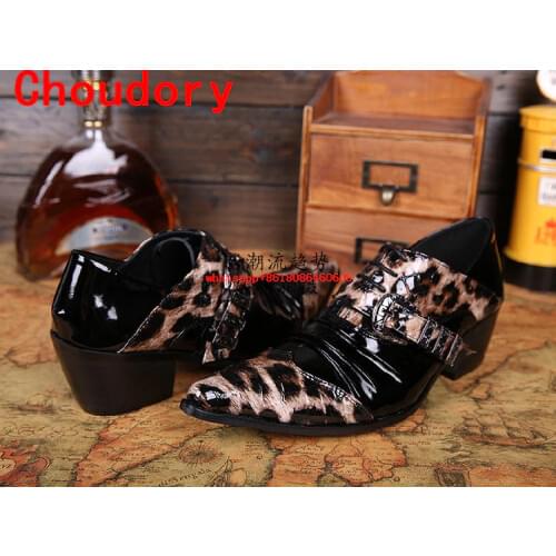 Choudory European Sexy mens shoes high heels Leopard genuine leather formal shoes men height increasing lace up dress shoe lasts