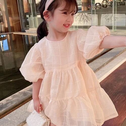 Summer Girls Dress Sweet New Style Plaid Light Color Puff Sleeve Princess Dress Baby Kids Clothes ChildrenS Clothing