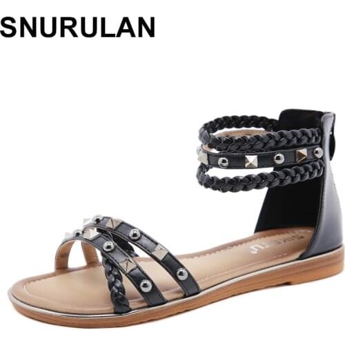 SNURULAN European And American New Female Sandals Ethnic Style Sandals Female Rivet Woven Large Size Flat Retro Roman Sandals