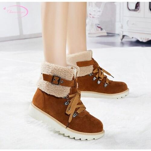 Warm winter plush snow boots fashion lace-up buckle strap platform black brown green low heel wedge ankle boots womens shoes