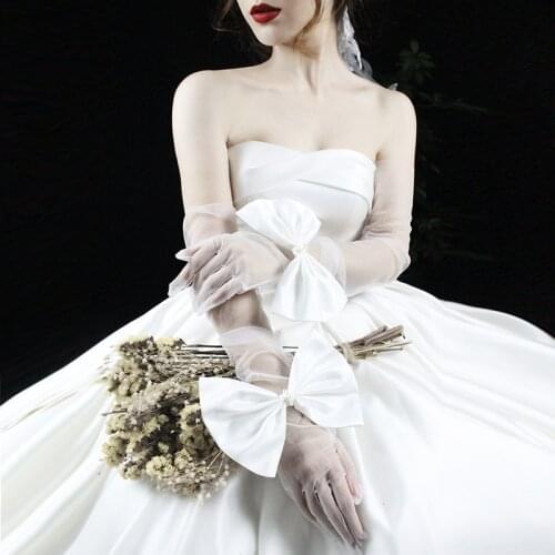Tulle Sheer Gloves Women White Satin Bowknot Wedding Long Bridal Gloves Gants Femme Marriage Lace Gloves Party Dress Glove