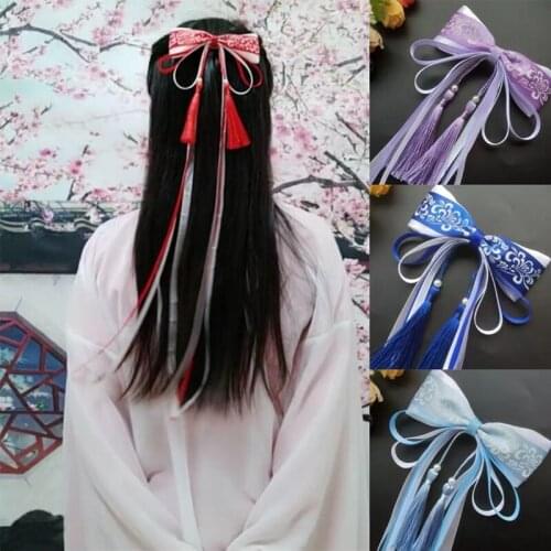 Ancient Style Hanfu Chinese Bow Hair Pins Long Ribbons Tassel Headdress Wedding Bridal Hair Clip Bowknot Hair Accessories