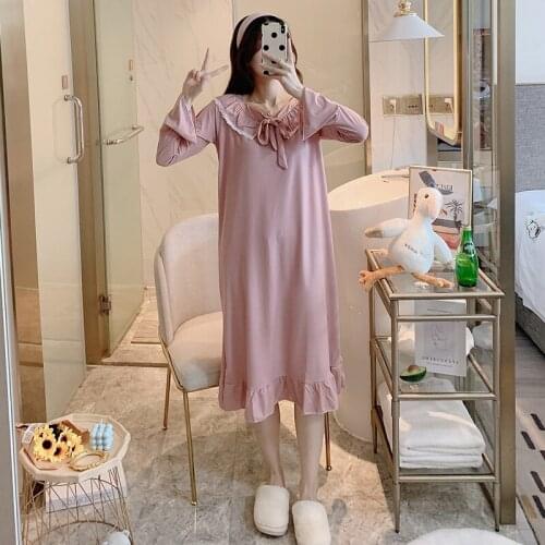 Women Nightgowns Cotton Sweet Sleepwear Loose Leisure Students Homewear Long Sleeve Fashion Kawaii Bow Collar Ladies Sleepshirts