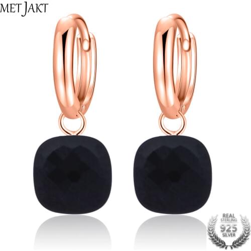 MetJakt Natural Black Agate Earring Solid 925 Sterling Silver and Rose Gold Color Elegant Earring for Women Fashion Jewelry