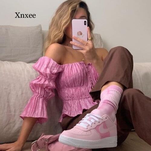 Womens New Fashion Glossy Short Flared Sleeves One Shoulder Slim Fit Pleated Pink Lace Strapless Strapless