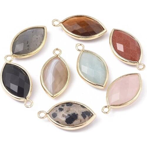 10Pcs Natural Synthetic Mixed Faceted, Horse Eye Gemstone Pendants Charms with Golden Plated Brass Findings Crafts 21.5x11.5mm