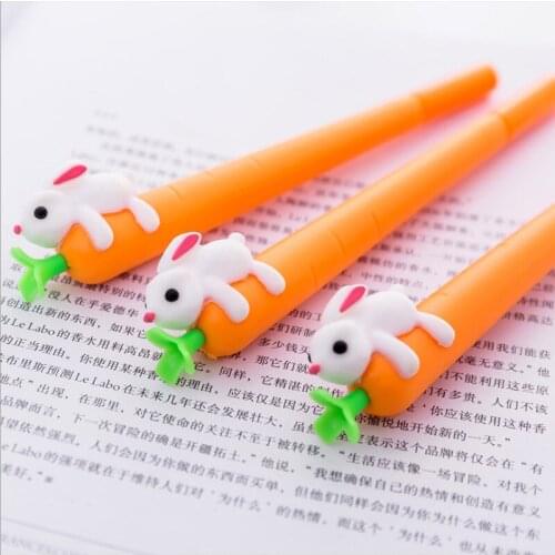12 Pcs Cartoon Gel Pen Black Needle Tube Rabbit Pull Carrot Soft Glue Office Pen Kawaii School Stationary Refil Caneta