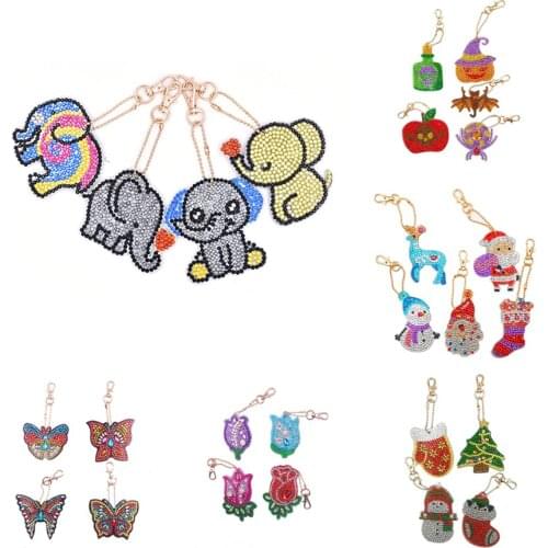 4/5 Pcs DIY Flowers Diamond Painting Keychain Keyring Cartoon Santa Claus Diamond Embroidery Bag Pendant Christmas Handmade Gift