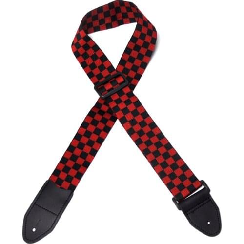 5cm Wide Red Black Guitar Bass Strap Checked Squared Cotton w/ Leather Head