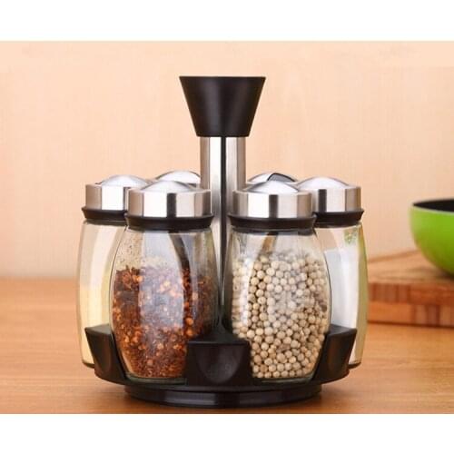 6pcs/set Condiment Pepper Salt Cruet Stainless Steel Kitchen Spice Rack With Glass Seasoning Box Herb Spice Bottle JO 1073