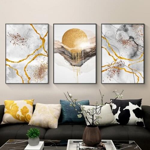 Nordic Abstract Marble Canvas Painting Tableaux Gold Foil Sun Posters and Prints Modern Wall Art Pictures for Home Decoration