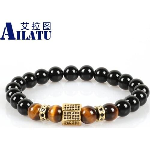 Ailatu 8mm Yellow Tigers Eye Stone Beads and Black Onyx Stone Beads with Rectangle Micro Paved Black Cz Bracelets