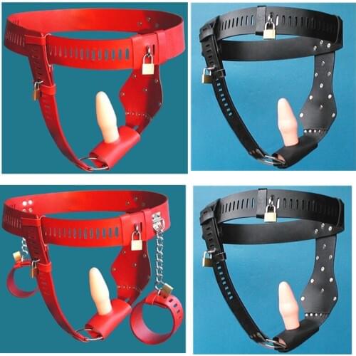 Black Red Chastity Belts Bondage Kits PU Female Chastity Device Hand Cuffs with Anal Plug Handcuffs Sex Toys for Women G7-5-64