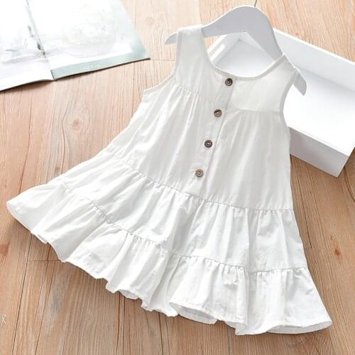 Summer Princess Dress For Girls Kids Solid Color Cotton Sleeveless Buttons Dress Baby Girl Dresses Casual Holiday Beach Wear