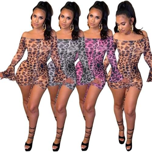 Elegant Leopard Print Sheer Mesh Mini Women Dress Sexy Off the Shoulder Flare Sleeve Lace Up Ruched Bodycon Clubwear Party Dress