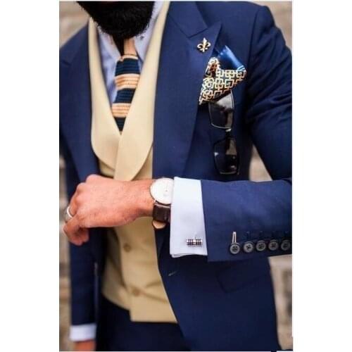 Fantastic One Button Blue Groom Tuxedos Groomsmen Peak Lapel Mens Suits Blazers (Jacket+Pants+Vest+Tie) W:1199