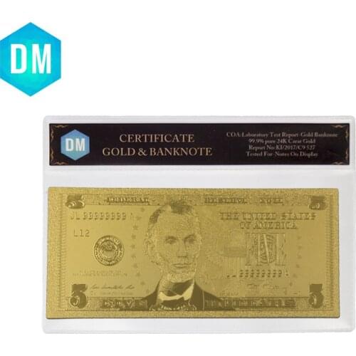 Hot Sale US 24k Gold Banknotes Foil Bill 5 Dollars Gold Foil Banknote Colorful ArtworK Collections Creative Gift with Pvc Frame