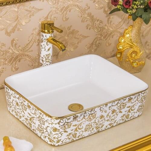 European Ceramics Countertop Rectangular Gold Art Wash Basin Toilet bathroom sinks bowl decorative