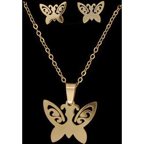 100% Stainless Steel PVD Gold Filled Butterfly Earring Necklace Jewelry Set Never Tarnish Wholesale 45cm Pendant Necklaces