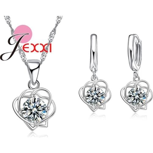 Pretty Two Hollow Hearts Cross CZ Crystal Pendant Necklace Earrings 925 Sterling Silver Fashion Jewelry Sets For Women