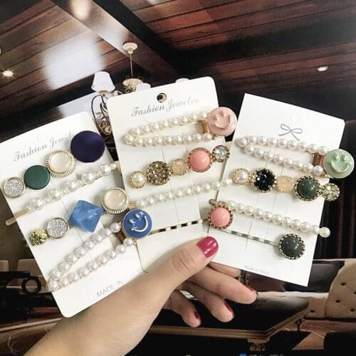 Fashion Pearl Square Crystal Hair Barrettes Set Sweet Smile Hair Clip Pins For Women Girls Frosted Side Clip Hair Accessories