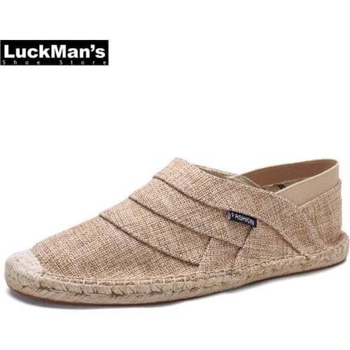 Men Flats Shoes Hemp Canvas Espadrille Shoes Casual Slip on Men Boat Shoes Breathable Hand Made Fisherman Shoes Plus Size 45