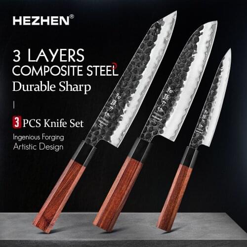 HEZHEN 1-3PC Kitchen Knife Set Chef Utility Santoku Professional Clad Steel Japanese Cook For Meat Kitchen Knife Rosewood