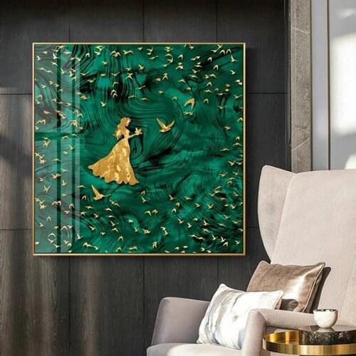 Wall Art Modern Luxury Golden Princess Birds Paintings Nordic Green Background Canvas Poster Prints Living Room Bedroom Decor