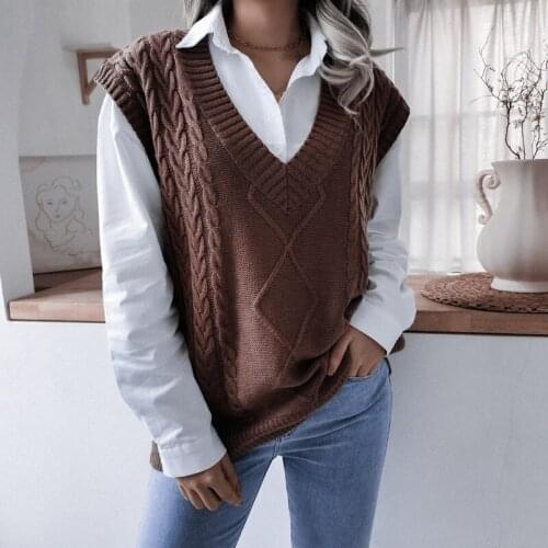 2021 Fall Winter New Twist Collar Casual Oversized Knitted Vest Womens Fashion All Match Solid Color Sweater Vest For Fashion