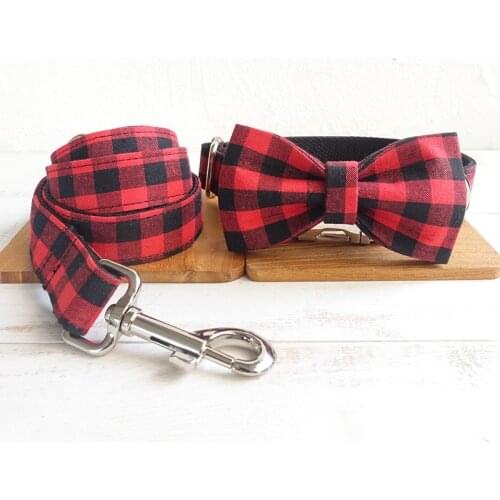 Plaid Dog Collar and Leash Set Personalized ID Bowtie Dog Collar for Small Medium Large Dogs Pet Collar Male Female Puppy Gift