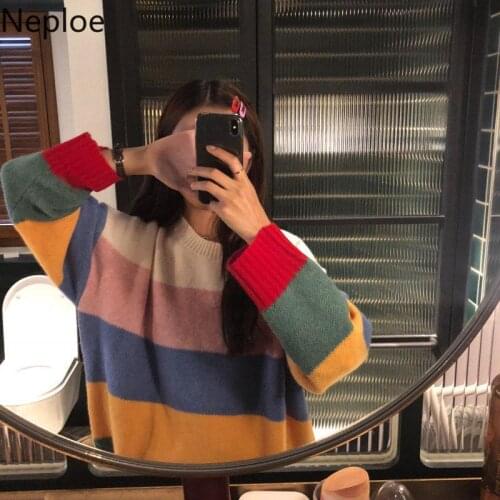 Neploe Korean O Neck Pullovers Color Striped Long Sleeve Knit Bottom Sweater Women Loose soft Long Sleeve Pull Femme hiver 46730