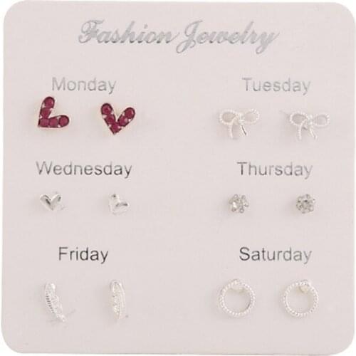 6Pcs/Set Monday To Saturday Stud Earrings Matching Fashion Simple Korean Ear Studs Pearl Crystal One Week Ins Earring Set