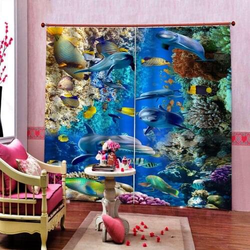 Custom Modern ocean underwater world Curtain For Living room bedroom Dolphin fish photos Blackout Drapes Home Indoor Sets