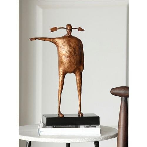 Home Decoration Figurine Abstract Metal Arrow Character Stand In One Direction With Finger On Marble Statue Craft Ornament Gifts