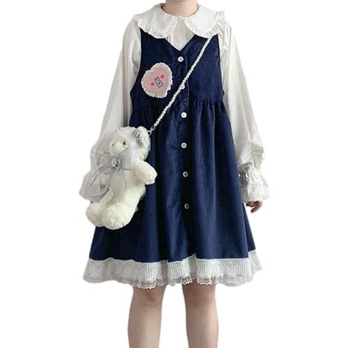 Japanese Vintage Teens Girl Corduroy Dress Lolita Kawaii Bunny Pink Overalls Red Harajuku Cute Rabbit Sleeveless Lace Dress Navy