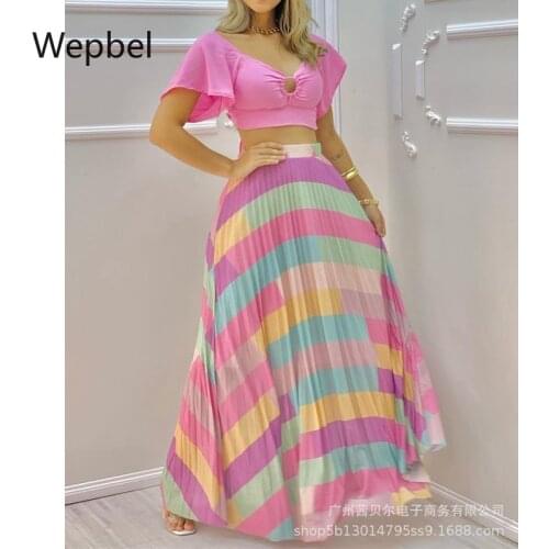 Wepbel Big Swing Skirts Beach Wear Crop Tops Sets Summer Women Dress Sets Printed 2pcs Sets Outfits Long Skirts Dress Sets
