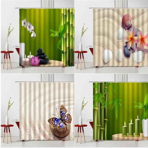 Zen Stone Printed Shower Curtain Green Bamboo Flower Beach Butterfly Landscape Polyester Bathroom Decor Bath Cloth Curtains Set
