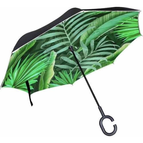Green Leaves Pattern Reverse Umbrella Double Layer Long Handle Inverted Umbrella High Quality Fashion Accept Customized Parasol