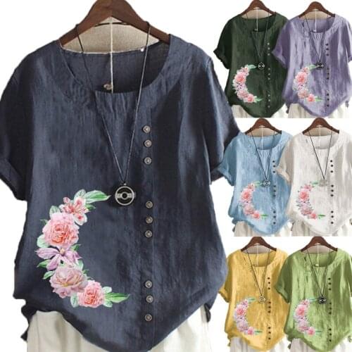 Summer Flower Print Short-sleeved Round Neck T-shirt Ladies Casual Linen Shirt Plus Size Top S-5XL
