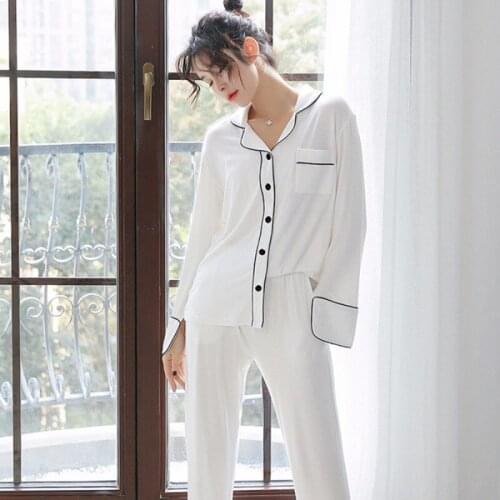 Women Long Pajamas Two Pieces set homewear with buttons white and black elegant spring pajamas DZA099