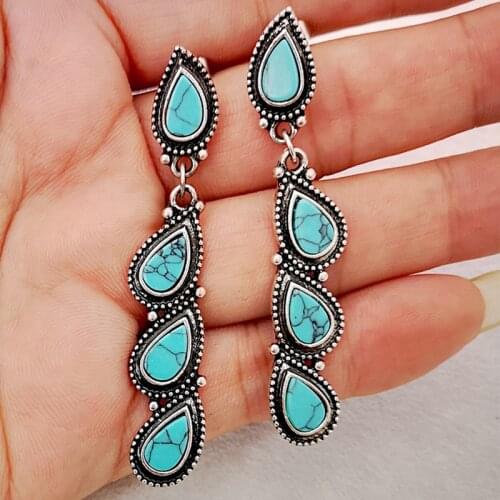 Vintage Water Drop Blue Stone Long String Earrings for Women Bohemian Jewelry Tibetan Turquoises Drop Dangle Earrings B3D295